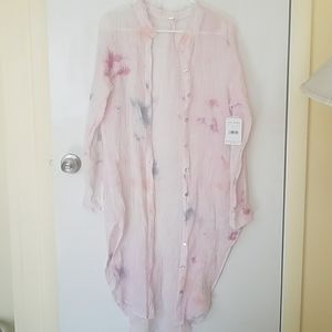Free people pink tied dyed long button down shirt